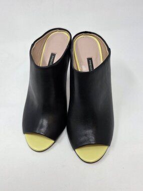 French Connection Randy Black Leather Open Toe Mules with Yellow Toe Contrast